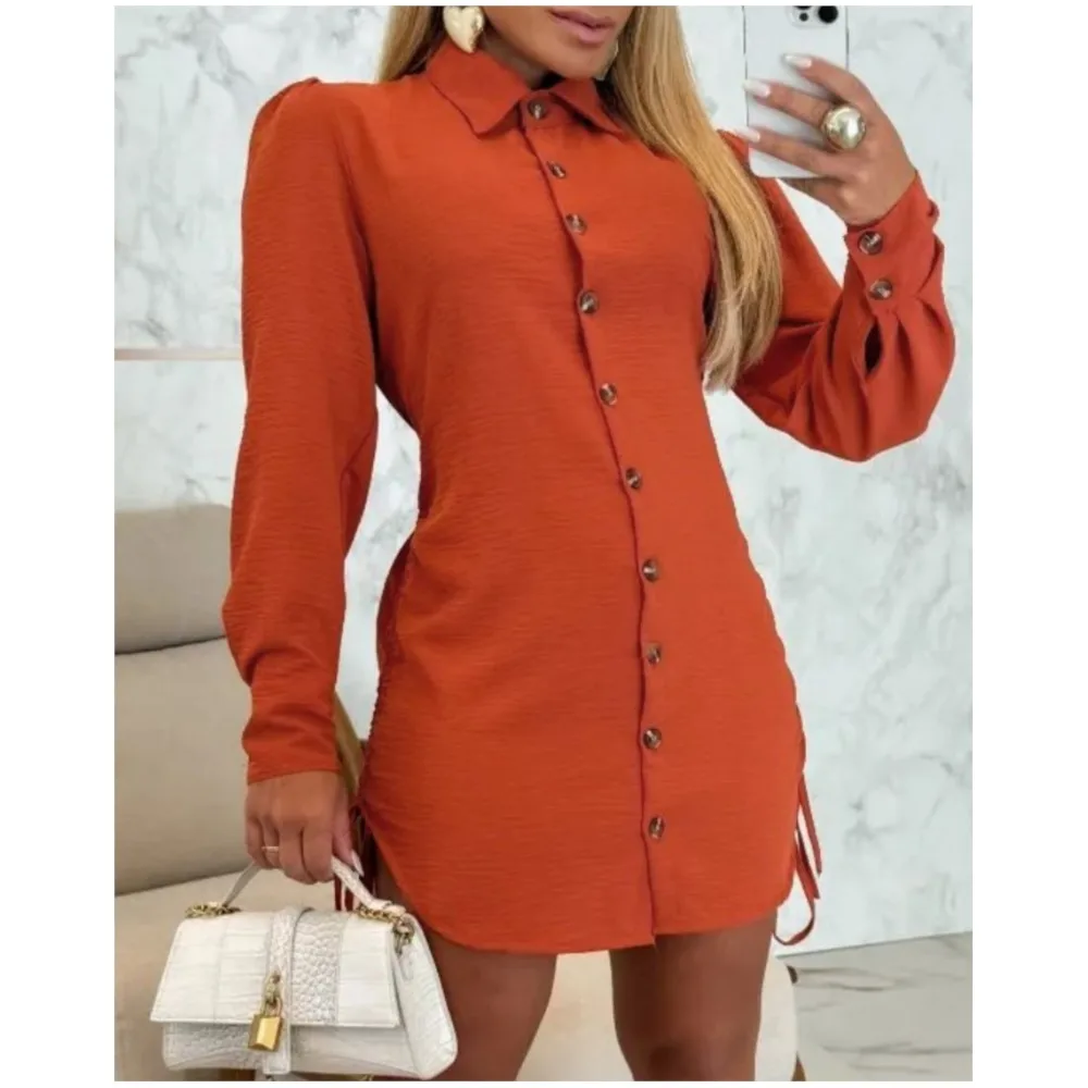 Women's collar solid color long sleeved button up shirt for autumn commuting, mini dress with drawstring on both sides for women