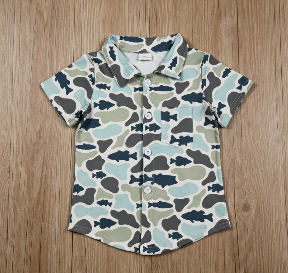 Wholesale Children Boys Short Sleeves Buttons Lapel Pocket Summer Shirts Cardigan Baby Boy Camo Shirt Kids Fish Clothing