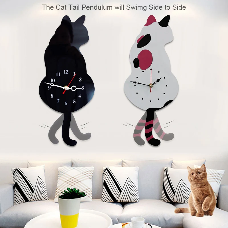 Rocking Tail Cat Hanging Clock Modern Children\'s Room Moving Tail Cat Clock Acrylic Mute Quartz Clock Acrylic Mirror Stickers