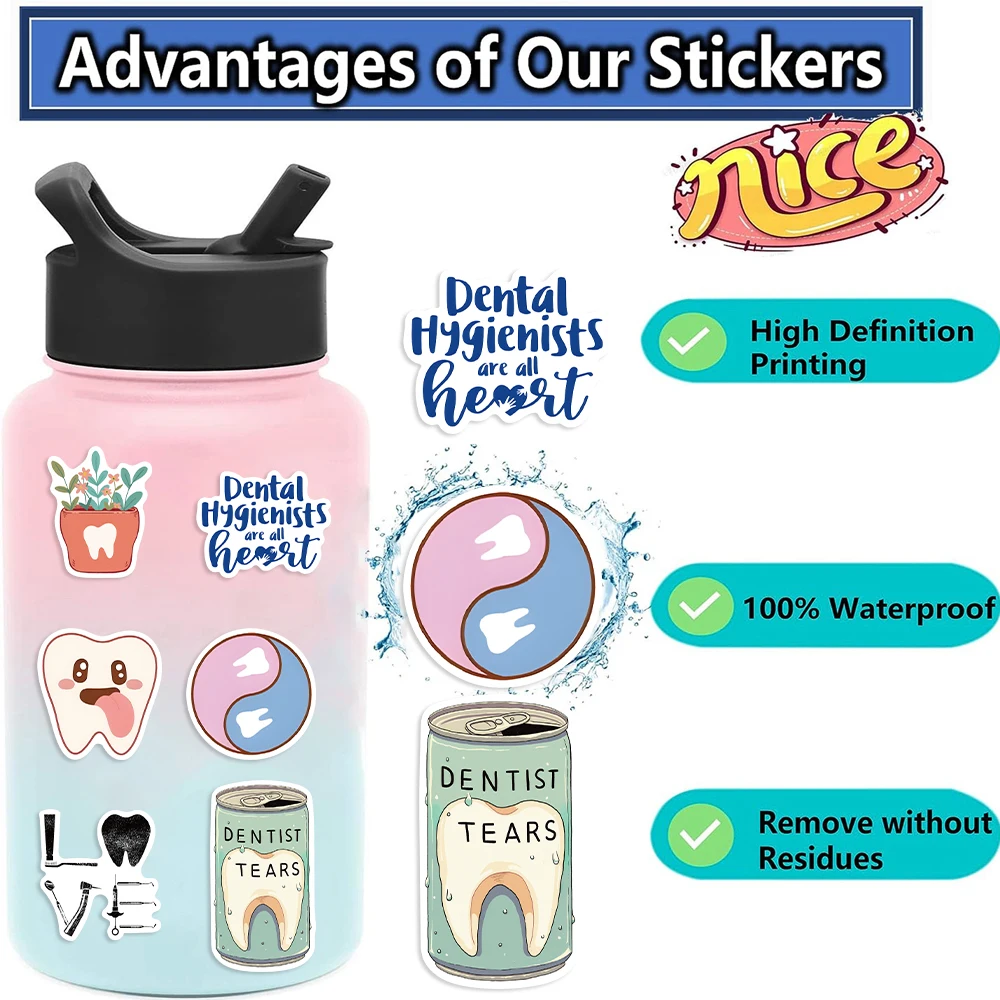 50Pcs Cute Dental Tooth Shaped Stickers Cartoon Teeth Sticker Dentist Store Toothbrush Label Decoration Dentistry Gifts
