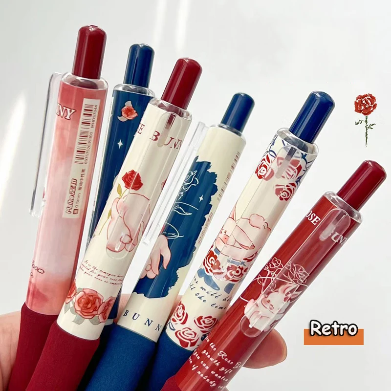 6PCS/Set Rose Bunny Gel Pen Retro Gel Ink Pen 0.5MM Black Pen Quick Dry Writing Pen Cute Pocket Pen Soft Touch Neutral Pen New