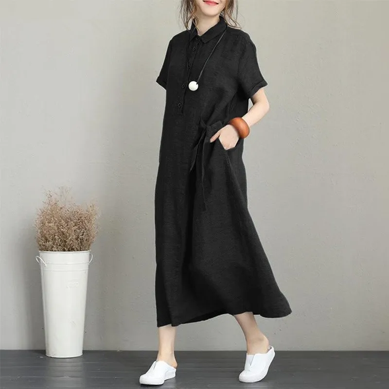 Casual Cotton Linen Collar Short Sleeve Dress with Pocket Women's Loose Waist A-Line Skirt Style Summer Dress