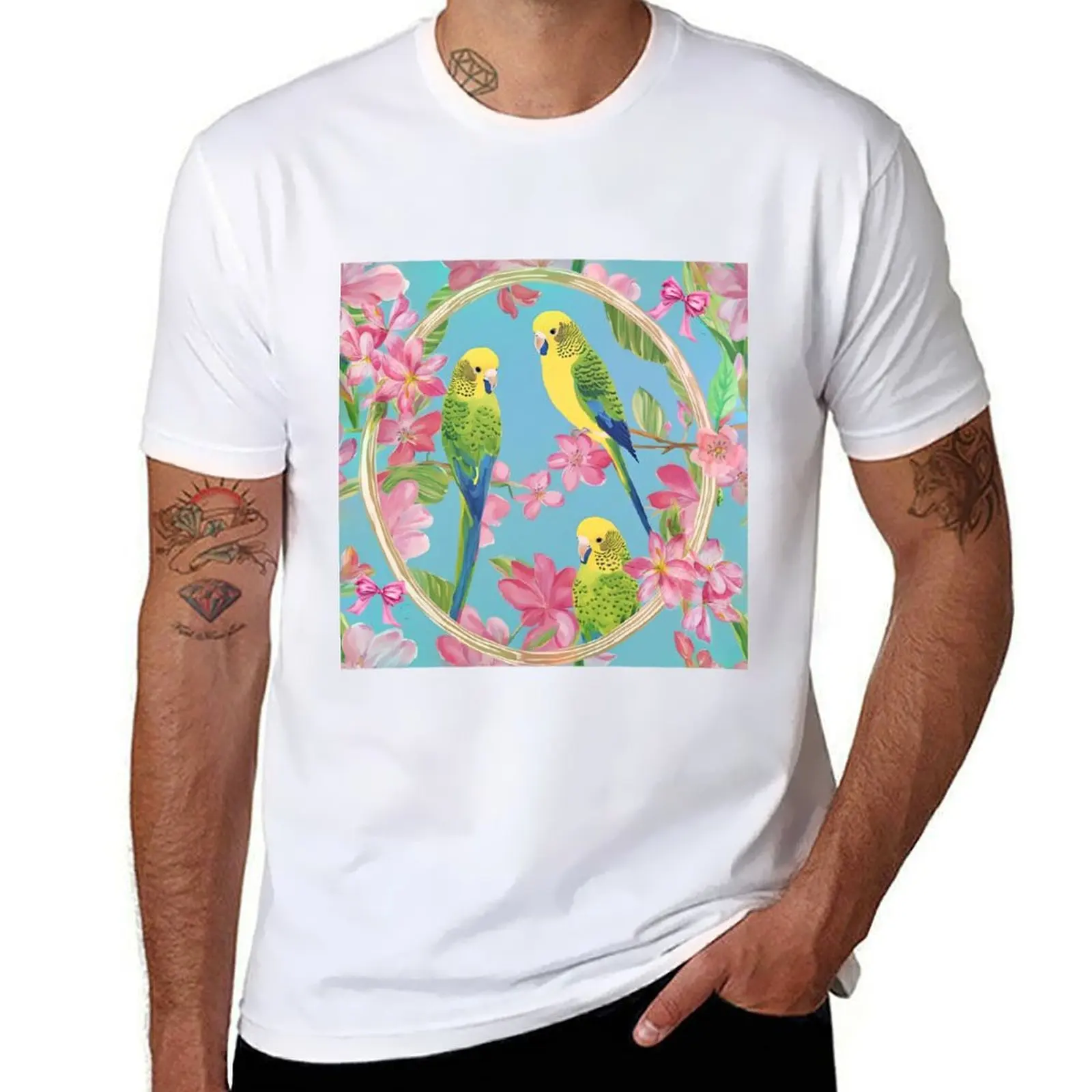 

Cute budgies and Azalea blossom on sky blue T-Shirt man t shirts high quality luxury brand T-Shirt