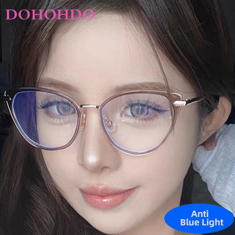 

DOHOHDO 2025 New Fashion Vintage Anti Blue Light Cat Eye Computer Glasses Women Brand Designer Spring Leg Spectacles Frame Lady