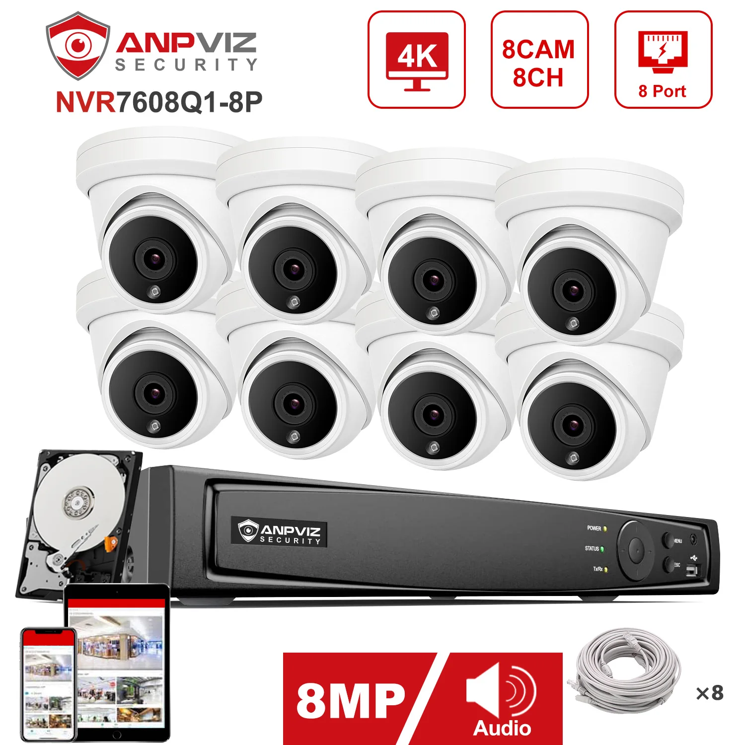 Anpviz H.265+ OEM 8CH 4K NVR 8MP POE Turret IP Camera CCTV Video System Outdoor IP Security Kit IP66 30m IR P2P View H.265