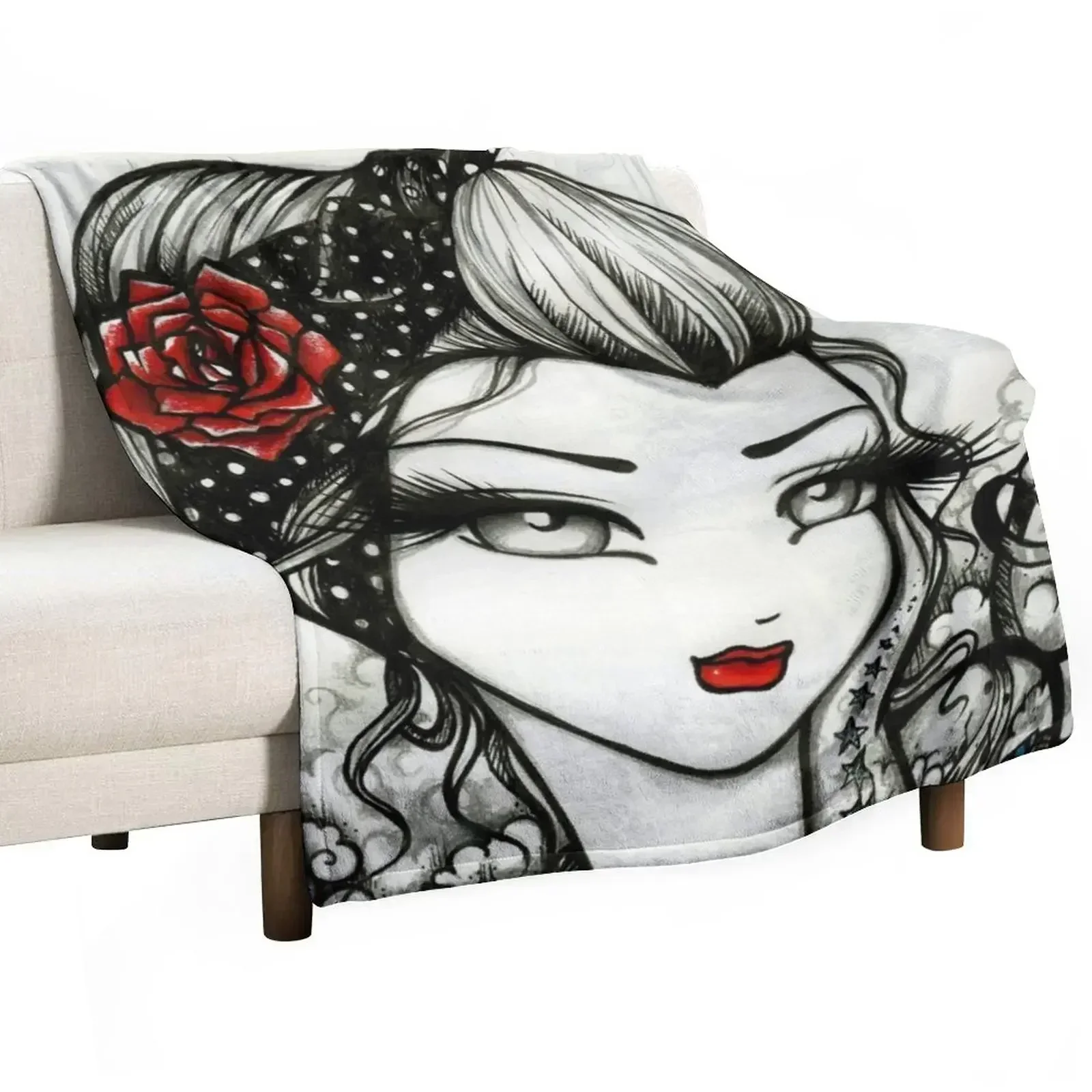 Tattooed Pin-up Girl Greyscale with a Pop of Color Fantasy Art Throw Blanket Thermals For Travel Flannel Fabric Blankets