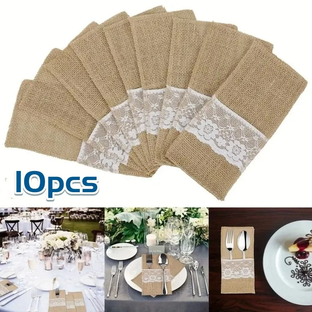 

Практичная сумка для столовых приборов в деревенском стиле из льна с кружевом, декоративный чехол для вилок, держатель для приборов из мешковины, для вечеринки в честь новоселья