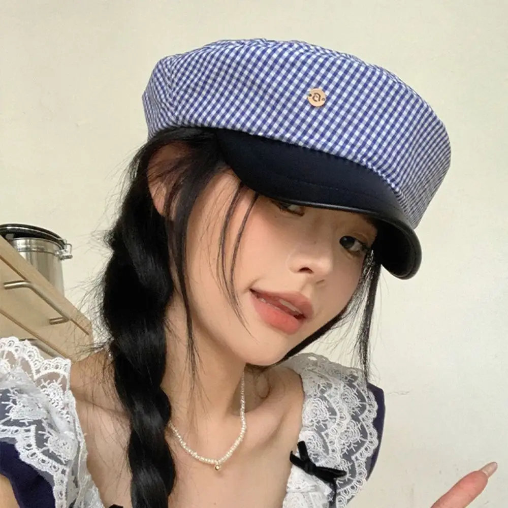 Новый синий клетчатый берет, дизайнерская шляпа моряка с плоским верхом, корейская темно-синяя кепка Y2k, уличная одежда