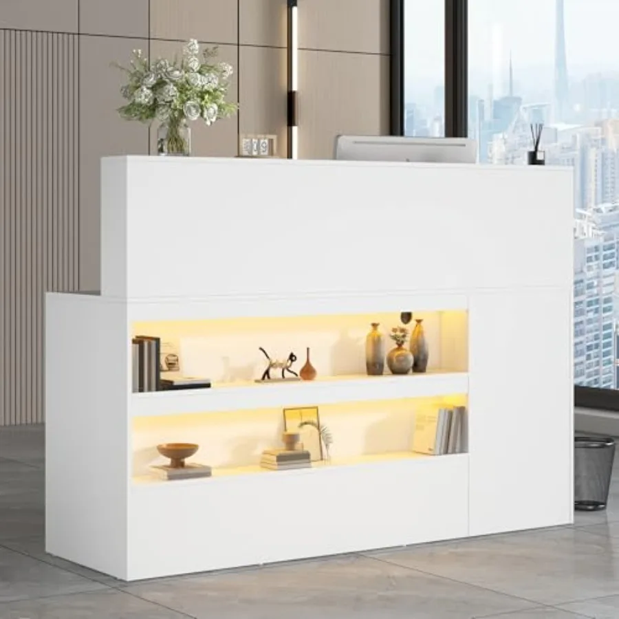 

63" Reception Desk with LED Lights Power Outlets, L-Shaped Modern Front Table Reception Room Table with Cable Grommet, Lockable