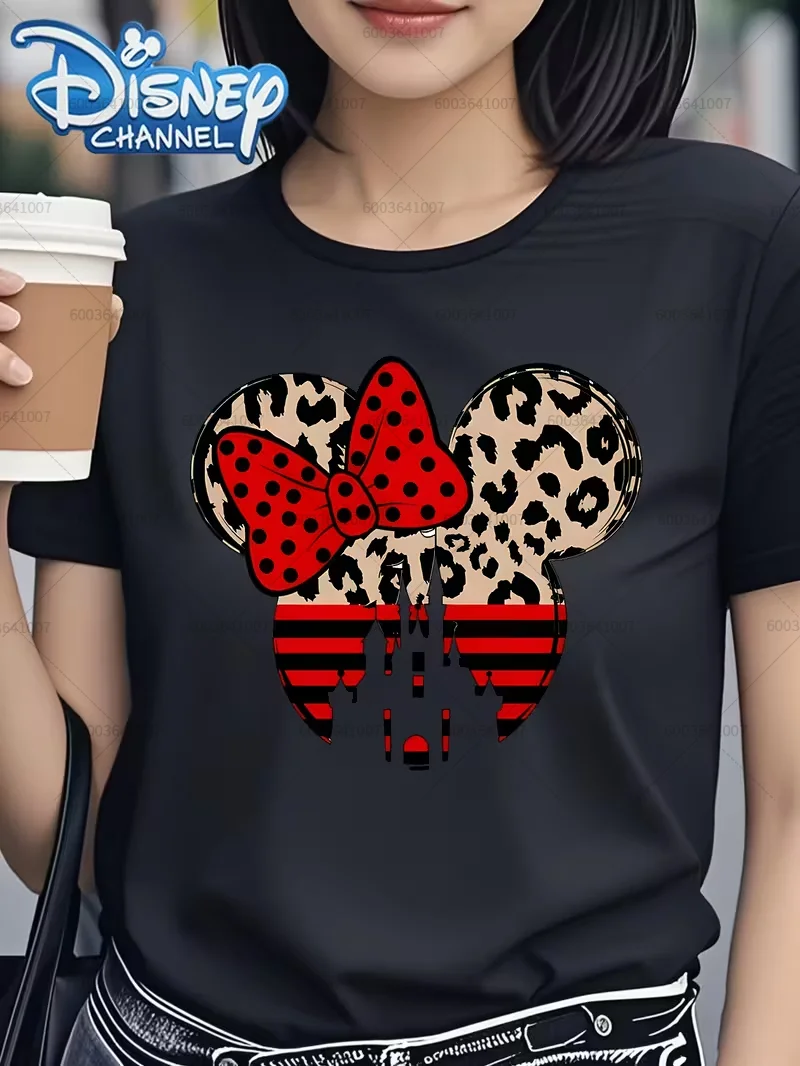 

Disney с леопардовым принтом и бантом, Минни Маус, женская и мужская хлопковая футболка с круглым вырезом, унисекс, с коротким рукавом, негабаритная повседневная уличная одежда для пар