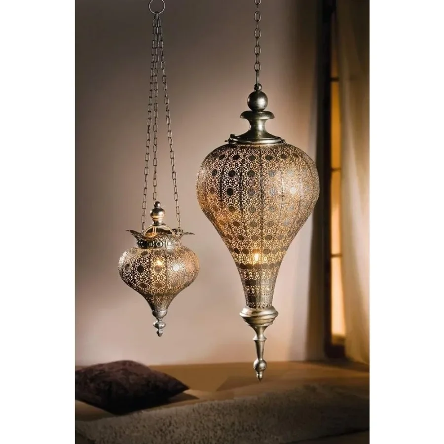 Juego de 2 linternas de Ramadán marroquí orientales de plata antigua, luces colgantes de Metal, lámparas de farol de vela, decoración decorativa para