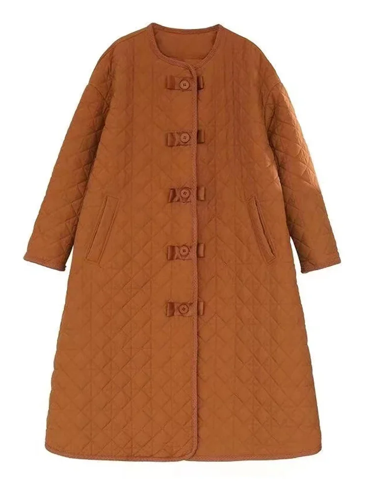 Parkas vintage extragrandes para mulheres, casacos de inverno com botão xadrez, casacos longos e elegantes de algodão acolchoados, sobretudo feminino, E-696, moda feminina