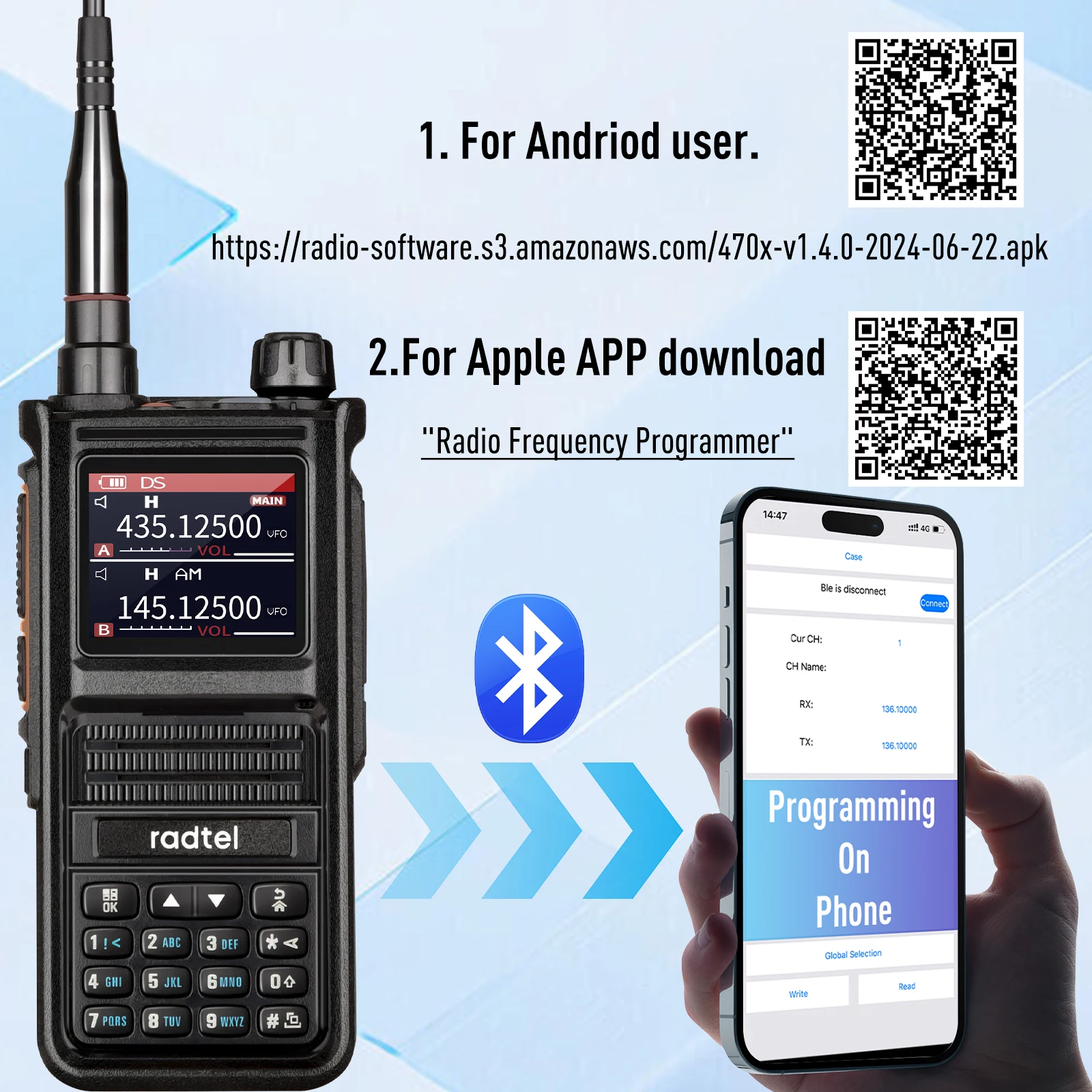 Radtel RT-470X Plus Bluetooth Ham Walkie-Talkies 256CH Air Band Two Way Radio Station Aviation NOAA Police Marine Transceiver