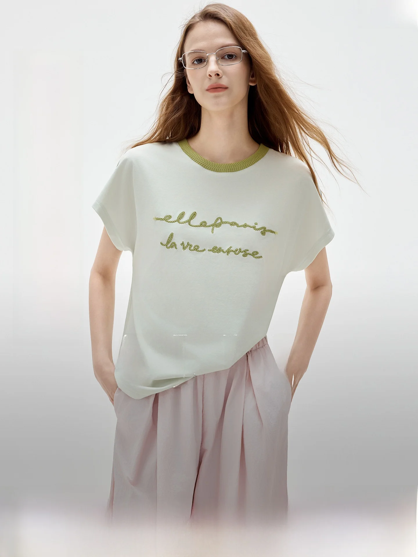 Elle Retro Color Block Embroidered Letter round Neck Short Sleeve Women's T-Shirt Summer New Style High End Unique Top