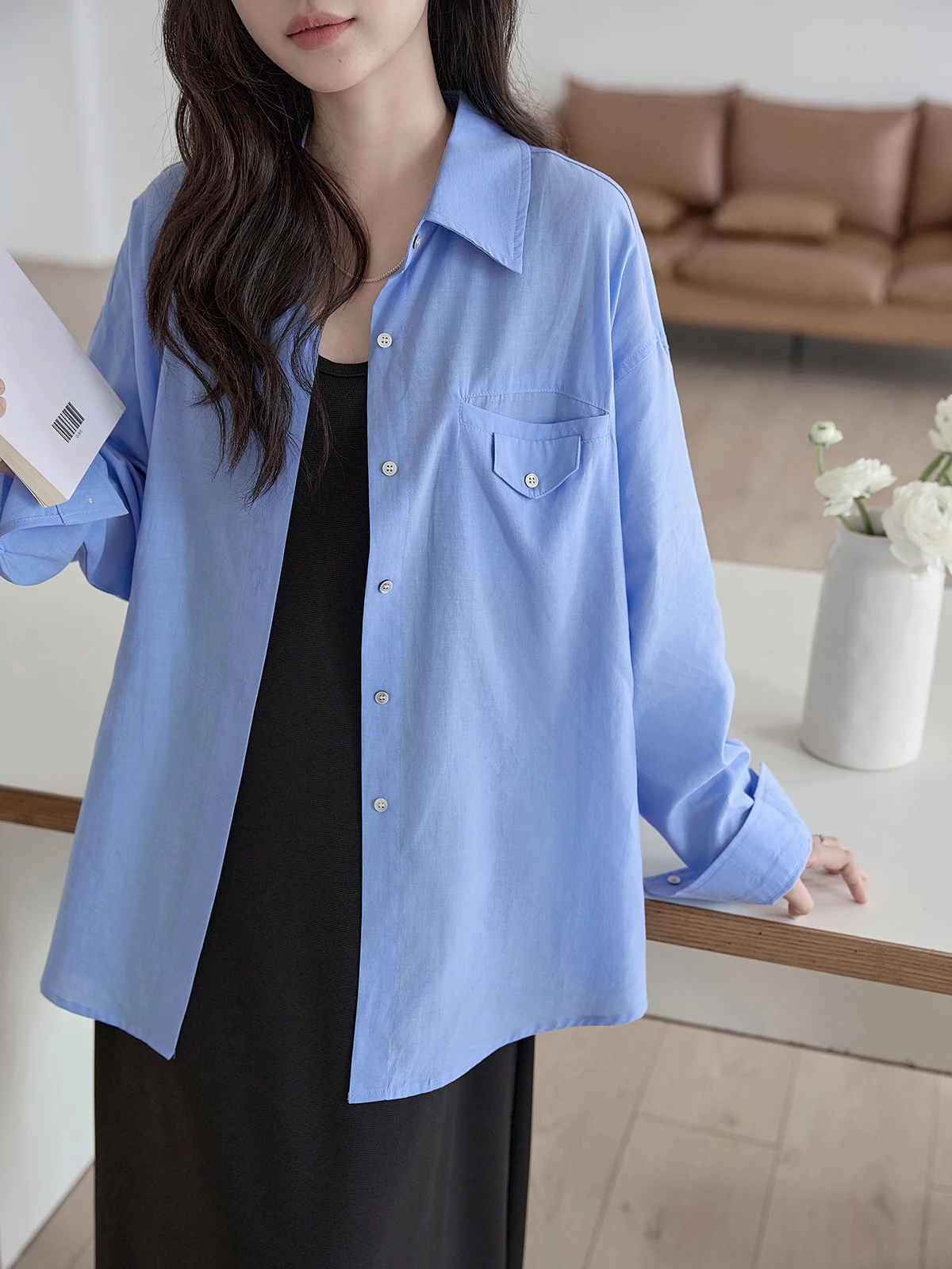 

Blue Casual Ne irt Women's Loose Fit Spring 2026 HUIXI Commute Sle Korean Version Breathable Long Sve irt
