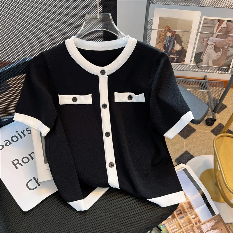 تي شيرت فضفاض من الحرير الجليدي ort Sve تي شيرت نسائي صيفي جديد Sle صغير Fraance محبوك irt مستدير Ne Color Blo النسخة الكورية #2