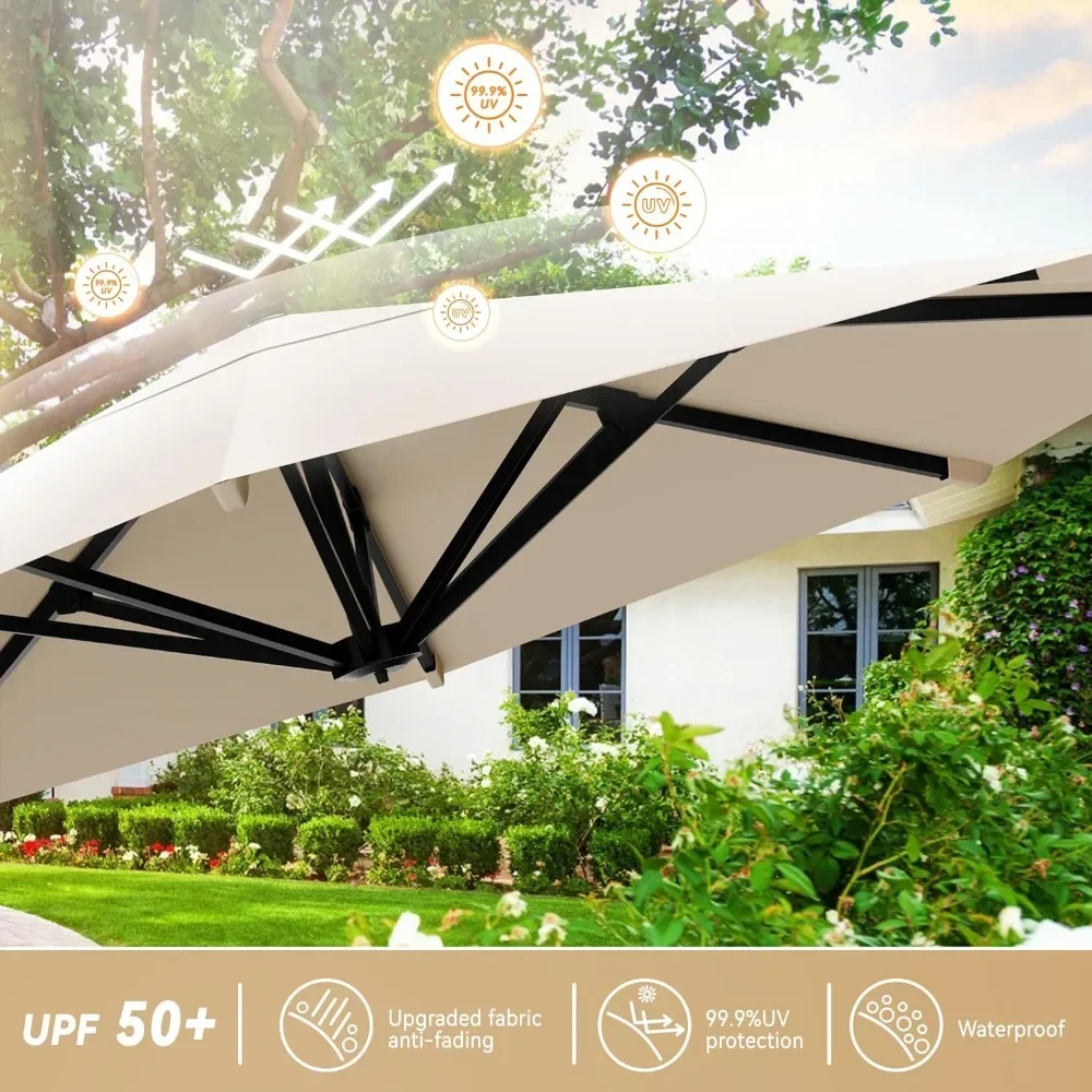 10 X 13 FT Cantilever Outdoor Patio Umbrella Rectangular Umbrellas with Led Lights Large Heavy Duty 360° Rotation Double Top