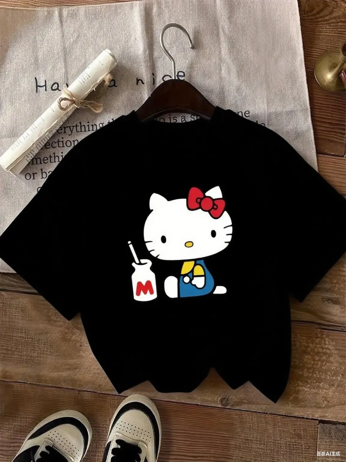 

Хлопковая футболка Sanrio Hello Kitty с принтом «Hello Kitty» в виде буквы M, милый и милый дизайн, чистый хлопок для фанатов