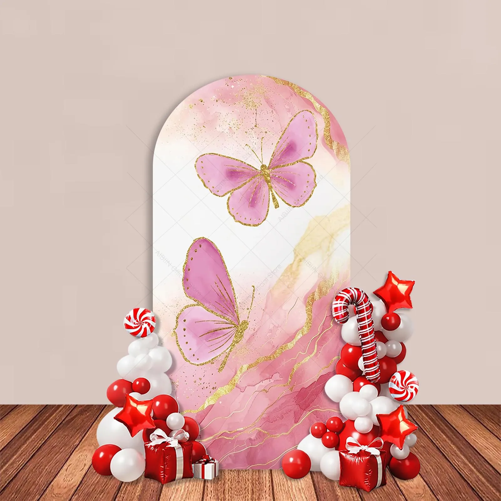 Quinceanera 15 Year Birthday Arch Backdrop Cover Pink Butterfly Marble Girl Princess Party Decor Cake Portrait Wall Background
