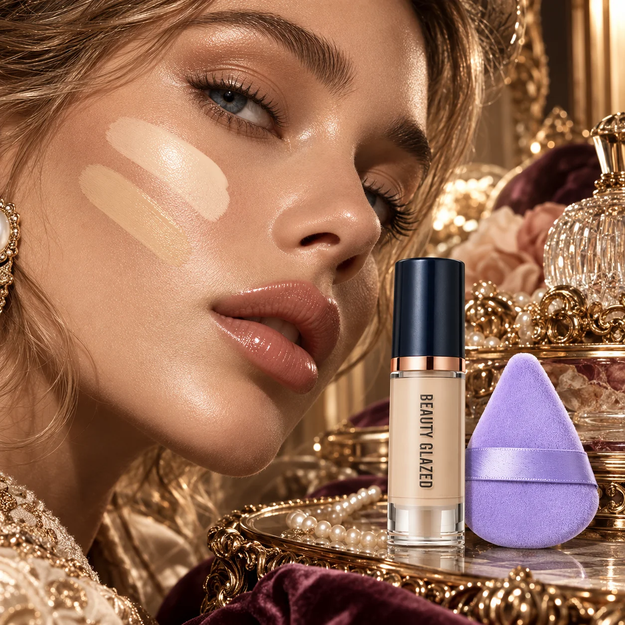 Beauty Glazed Liquid Foundation with Purple Puff, Medium Coverage Matte Waterproof Face Makeup, Poreless Long Lasting Base Kit