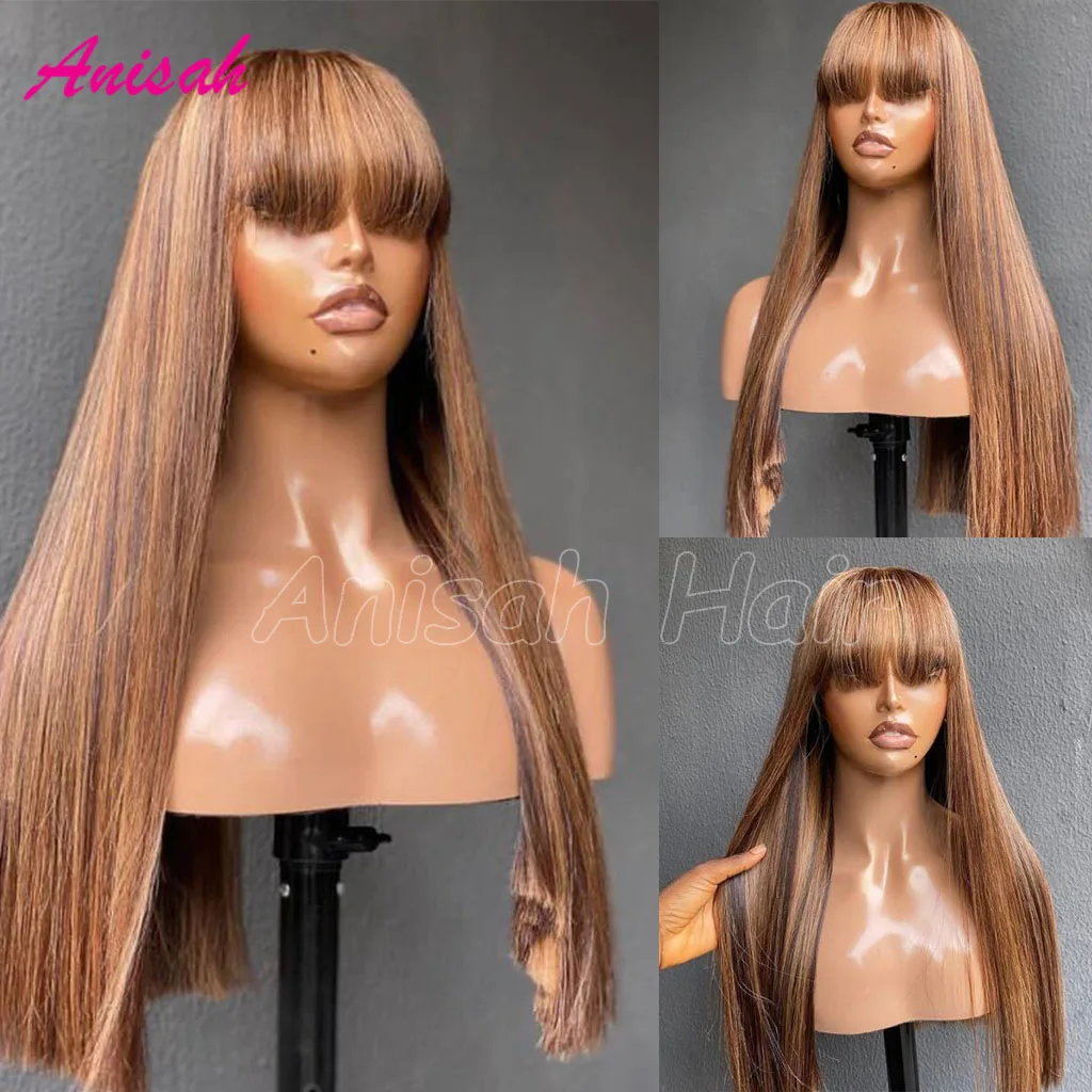 Brazilian Highlight Human Hair Wigs With Bangs Straight Lace Front Wigs Human Hair Transparent Lace Frontal Wig