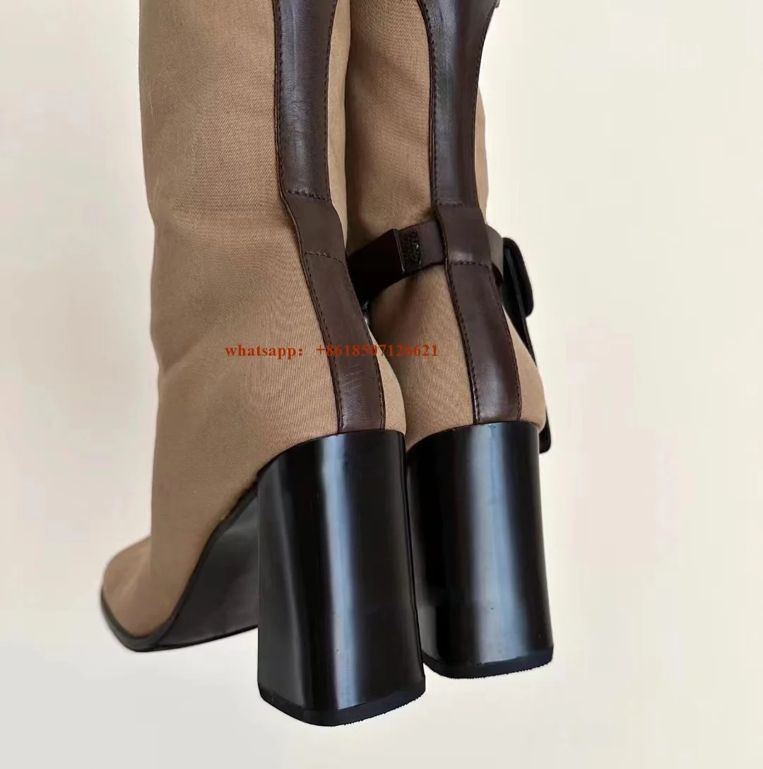 High-Heeled Short Boots For Women Thick Heel New Square Toe Suede Pocket Decorated Mid-Calf Boots