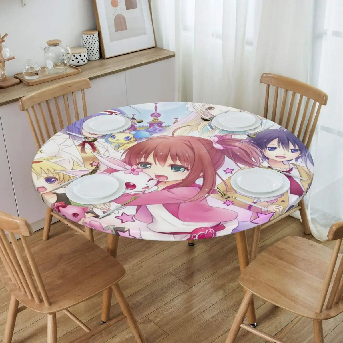 Round Disney Cartoon Jewelpet Sanrio Japanese Anime Table Cover Elastic Fitted Table Cloth Backing Edge Tablecloth for Dining