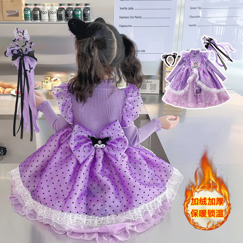 Robe pull en peluche Sanrios Anime pour filles, robe de princesse Lolita Kawaii pour enfants, Kuromi Y2K, fête d'anniversaire, printemps, automne, 2024