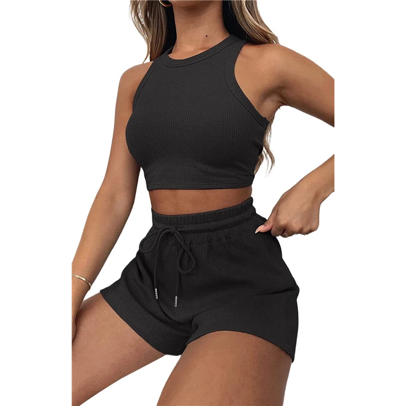 

TEXU женские летние комплекты для отдыха, повседневный вязаный укороченный топ, шорты, комплекты из 2 предметов, одежда для сна