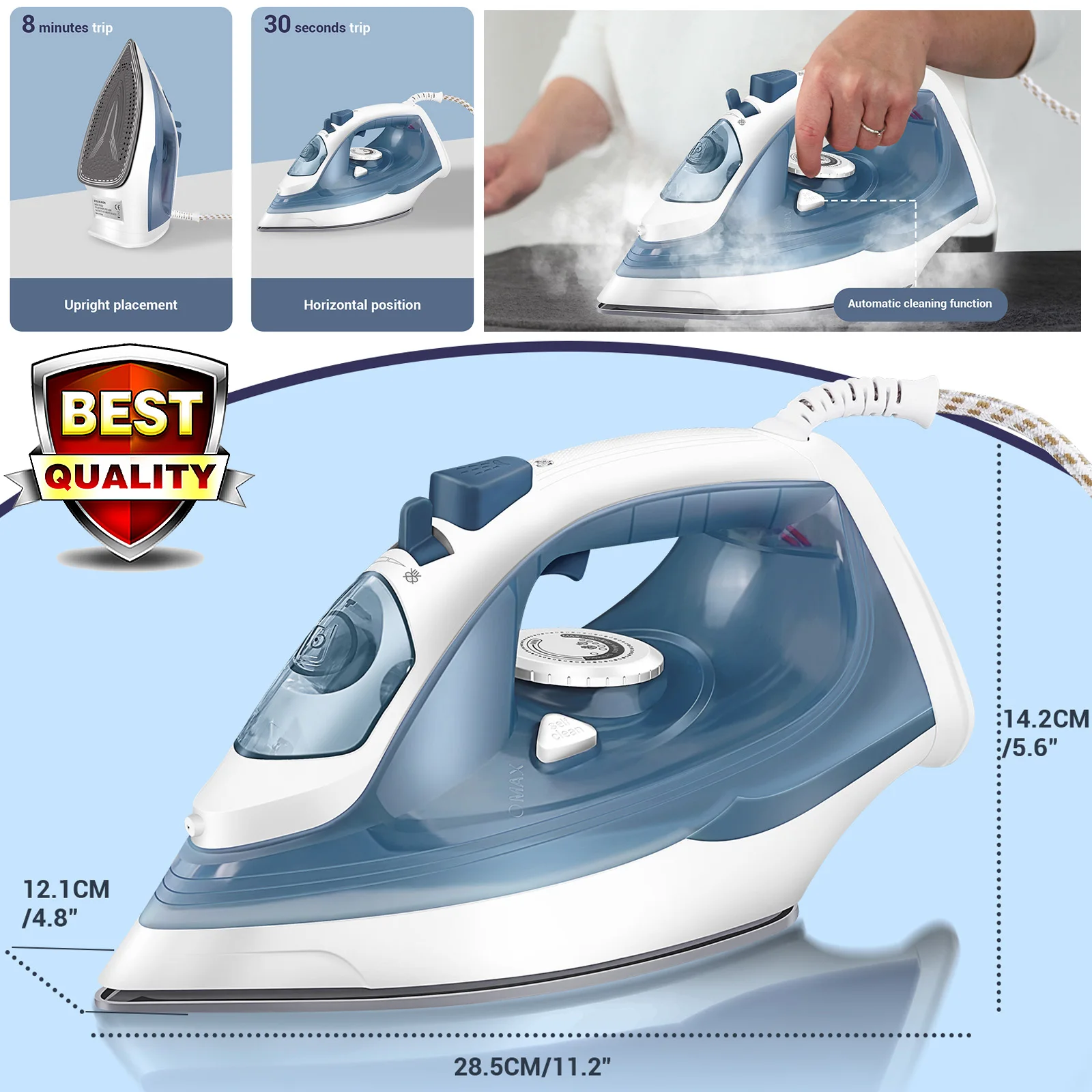 مكواة بخار كهربائية محمولة، قاعدة غير لاصقة من الفولاذ المقاوم للصدأ، تنظيم درجة الحرارة |   التنظيف التلقائي |   وظائف الرش