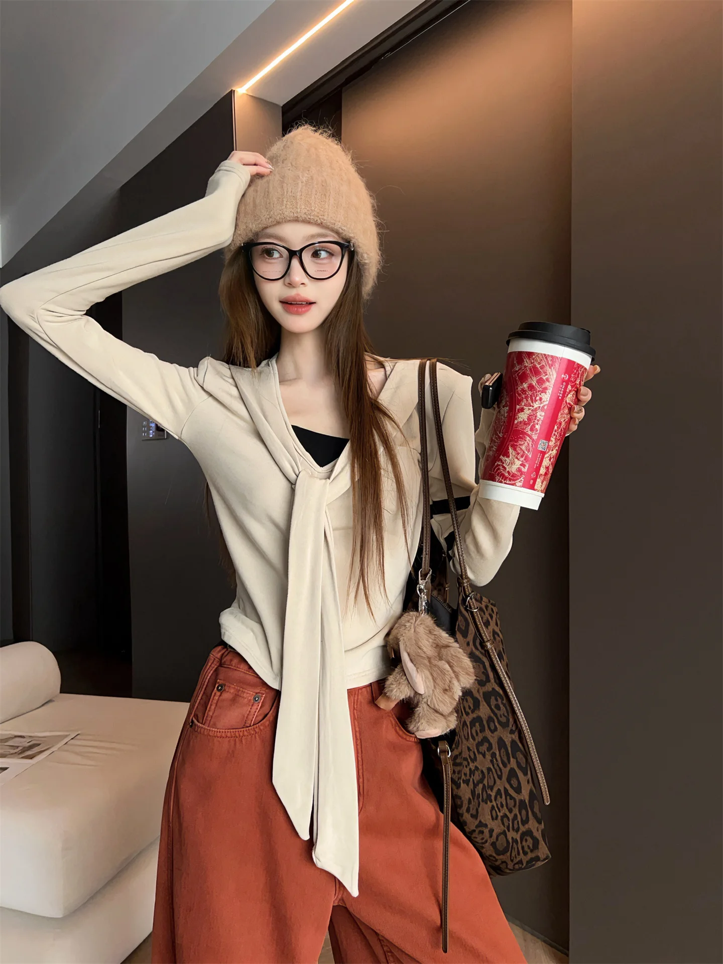 

Модная женская футболка с V-образным вырезом и длинными рукавами на флисовой подкладке, осенне-зимняя, облегающая, универсальная, базовый слой, трендовый топ