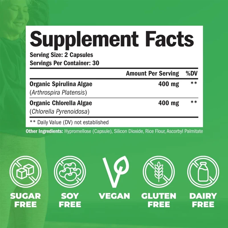 Organic Spirulina and Chlorella Capsules | Used for immunity, antioxidants, and energy support. vegetarian diet. 60 capsules