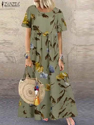 2024 ZANZEA Summer Bohemian Holiday Casual Dress Fashion Beach Kaftan Vestido Robe Women Short Sleeve Floral Printed Sundress