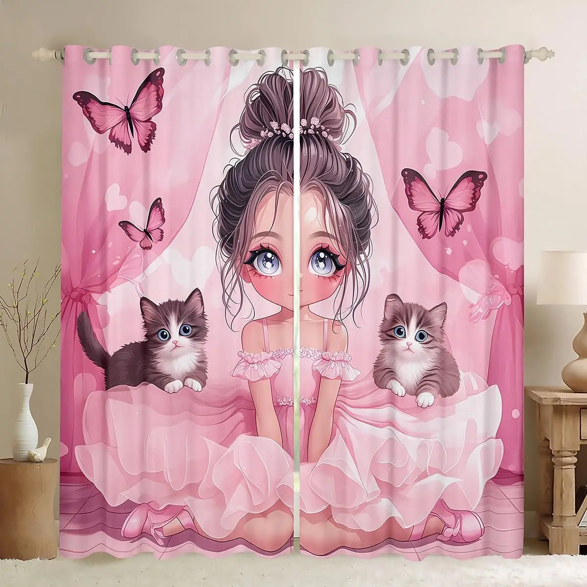 Sweet Pink Kawaii Anime Cartoon Girl Butterfly Kitten Curtains Drapes Nursery Decor Princess Style Kids Room Window Treatment