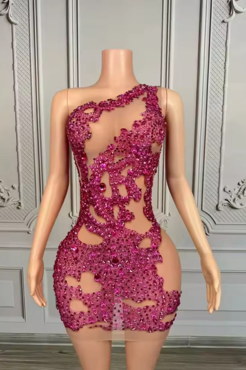 The Yiling shimmering crystal rose-colored, sensual, one-shoulder,  form-fitting, mesh mini dress is perfect for celebrating birt - AliExpress  200000345