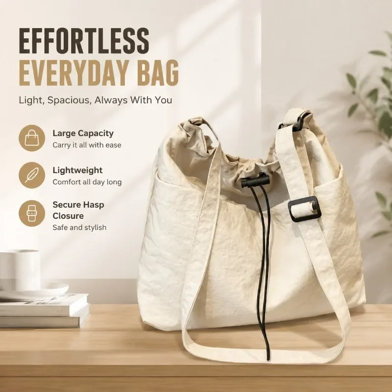 

Women's Nylon Shoulder Bag Large Capacity Lightweight Crossbody Tote Handbag Casual Minimalist Hasp Closure Summer Convenient