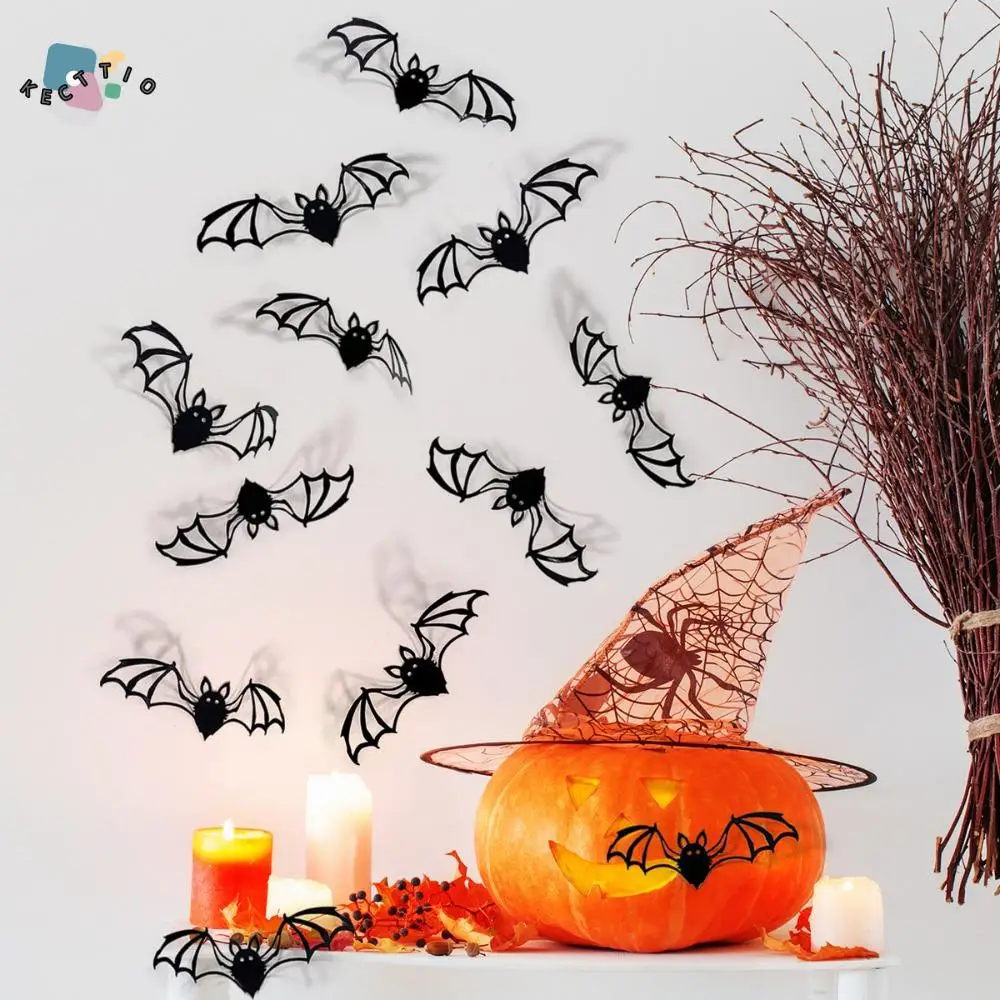 12pcs/set Double-Layer Halloween 3D Bat Stickers Self Adhesive Skull Pattern Butterfly Wall Stickers PVC Halloween Window Decal