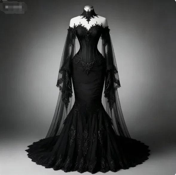 Vampirisches schwarzes Gothic-Hochzeitskleid mit langen Ärmeln, schulterfrei, Vintage-Brautkleid mit Spitzenapplikationen, Halloween-Kostüm, individuell gestaltet