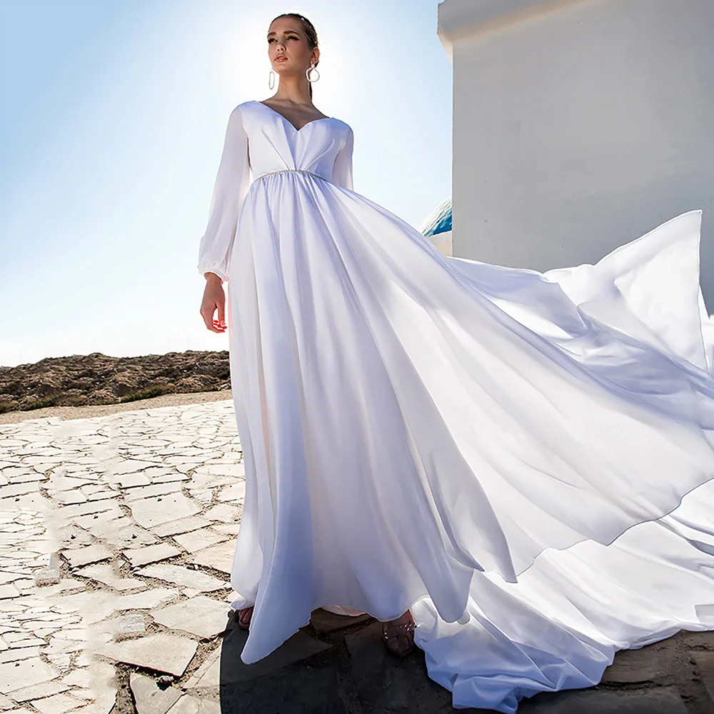 Simple Deep V-neck Chiffon Wedding Dresses Summer Boho Beach Bride Dress Backless Beading Long Sleeves Bridal Gown