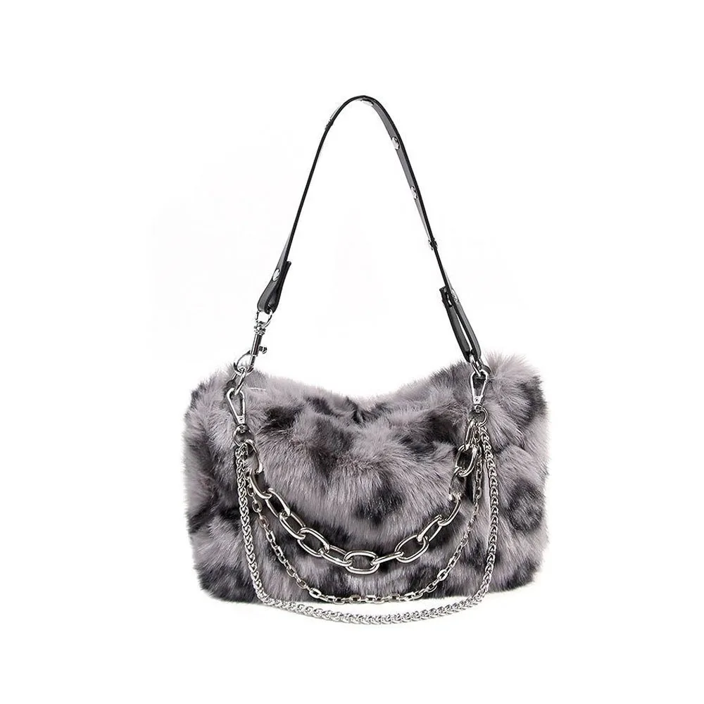 Women Faux Fur Winter Fashion Shoulder Bag Leopard Print  Clutch Purses Fluffy Plush Female Handbags  with Chain Strap