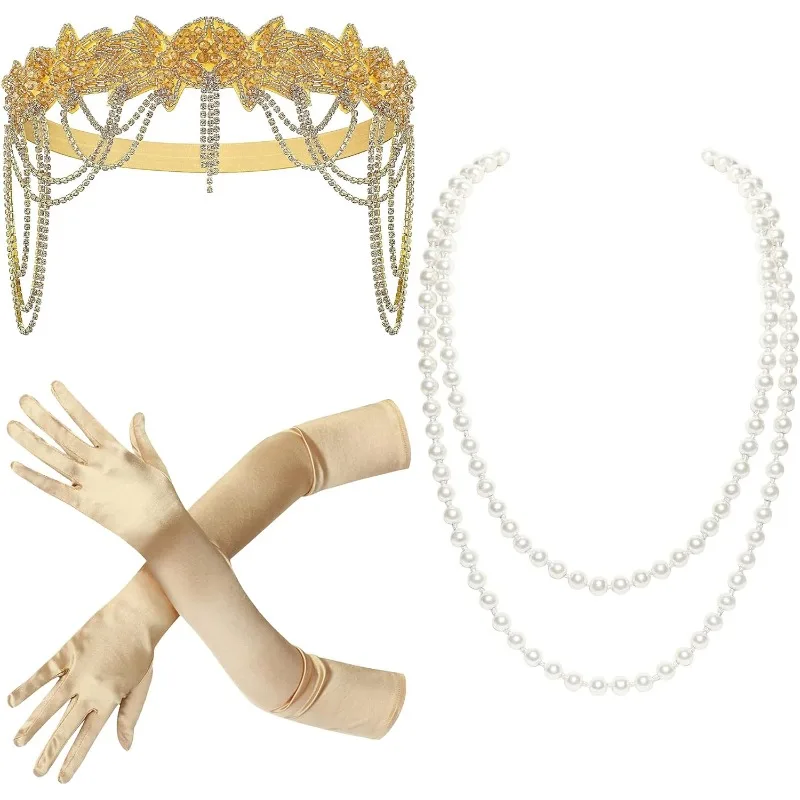 

3-piece Set 1920s Accessories for Women - Great Gatsby Accessories Flapper Headband Headpiece Pearl Necklace Gloves for Women