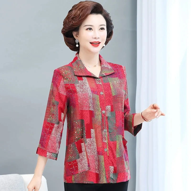 Mom\'s Costume Large Size Nine Points Sleeve Cardigan Blouse  60 Year Old Grandmother Printing Pocket Cardigan Shirt Tops Coat