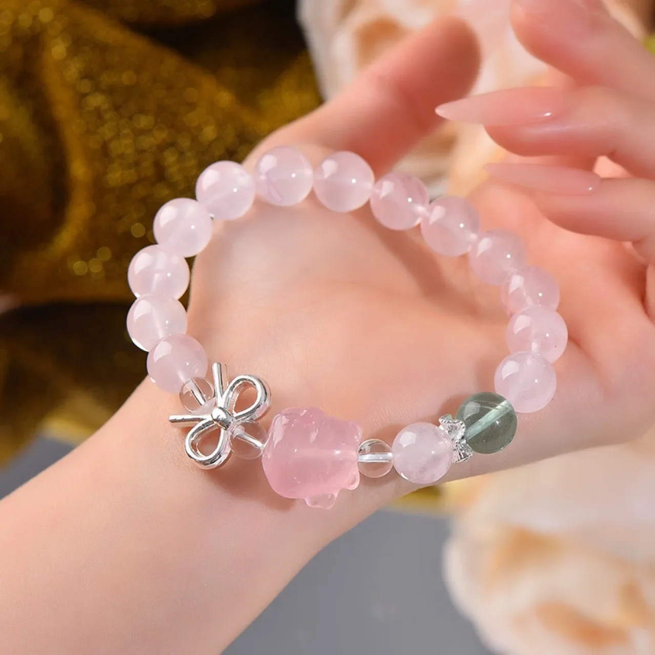 

Natural Pink Crystal Green Fluorite Nine-tailed Fox Bracelet Women's Light Luxury Fashion Lucky Bracelet, Gift