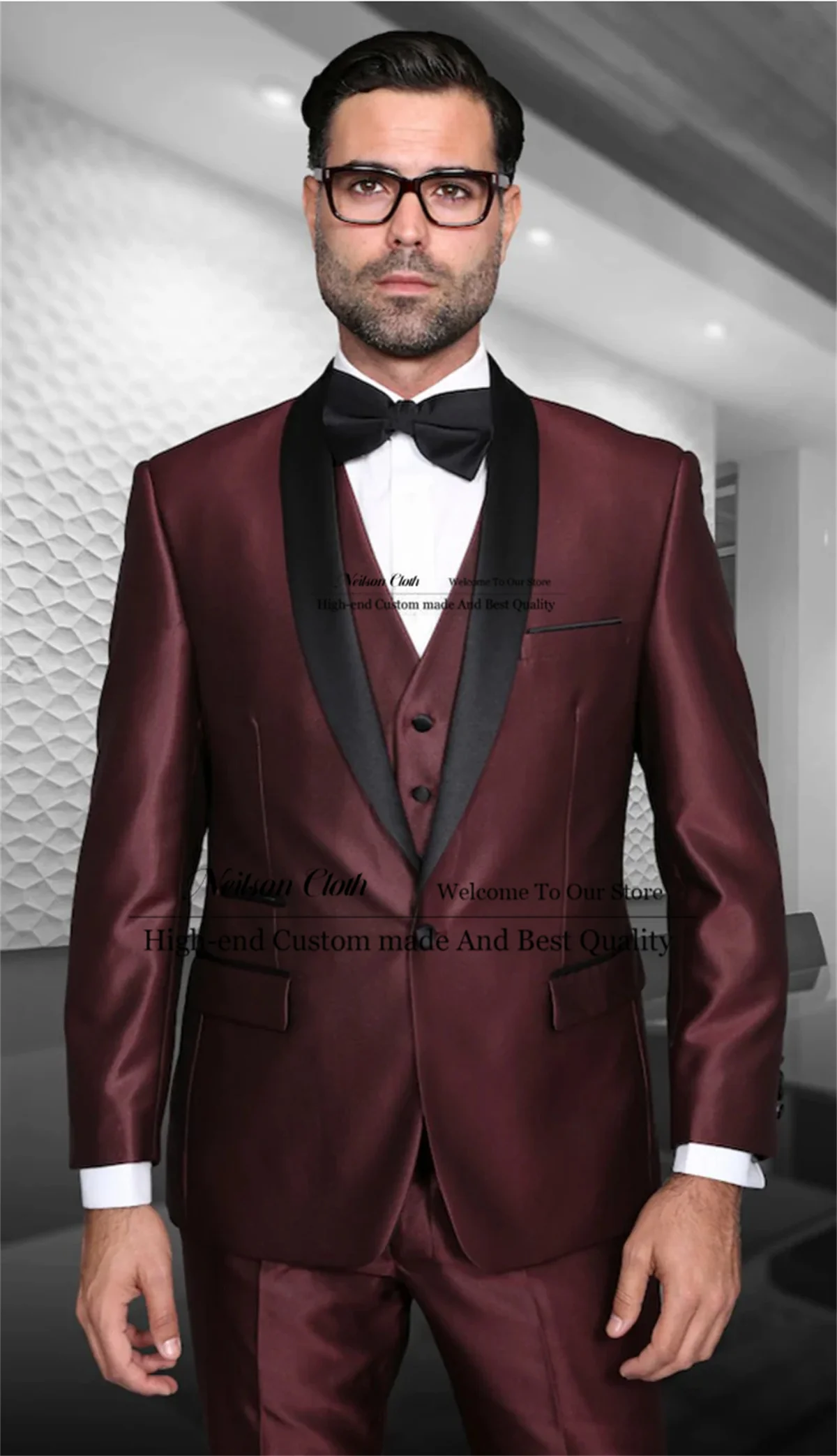 

Burgundy Male Prom Blazers 3 Pieces Sets One Button Groom Wedding Tuxedos For Men Shawl Lapel Customized Terno Masculino