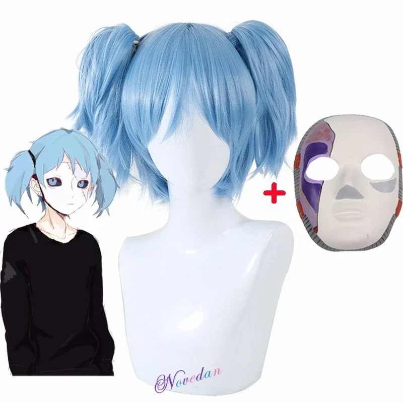 

Sally Face Cosplay Props Sally Latex Face Mask Wig Short Blue Heat Resistant Synthetic Hair Clip Ponytail Wig