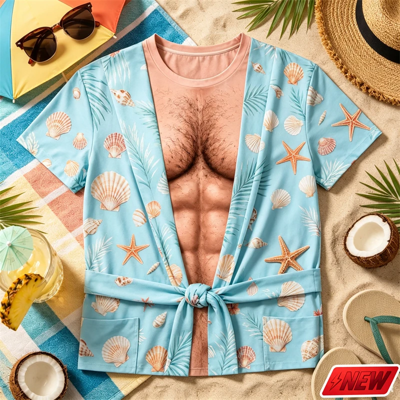 Funny Fake Abs Chest Hair T Shirt Men 3D Print Tropical Flower Visual Pattern Short Sleeve Summer Vacation Party Novelty Top