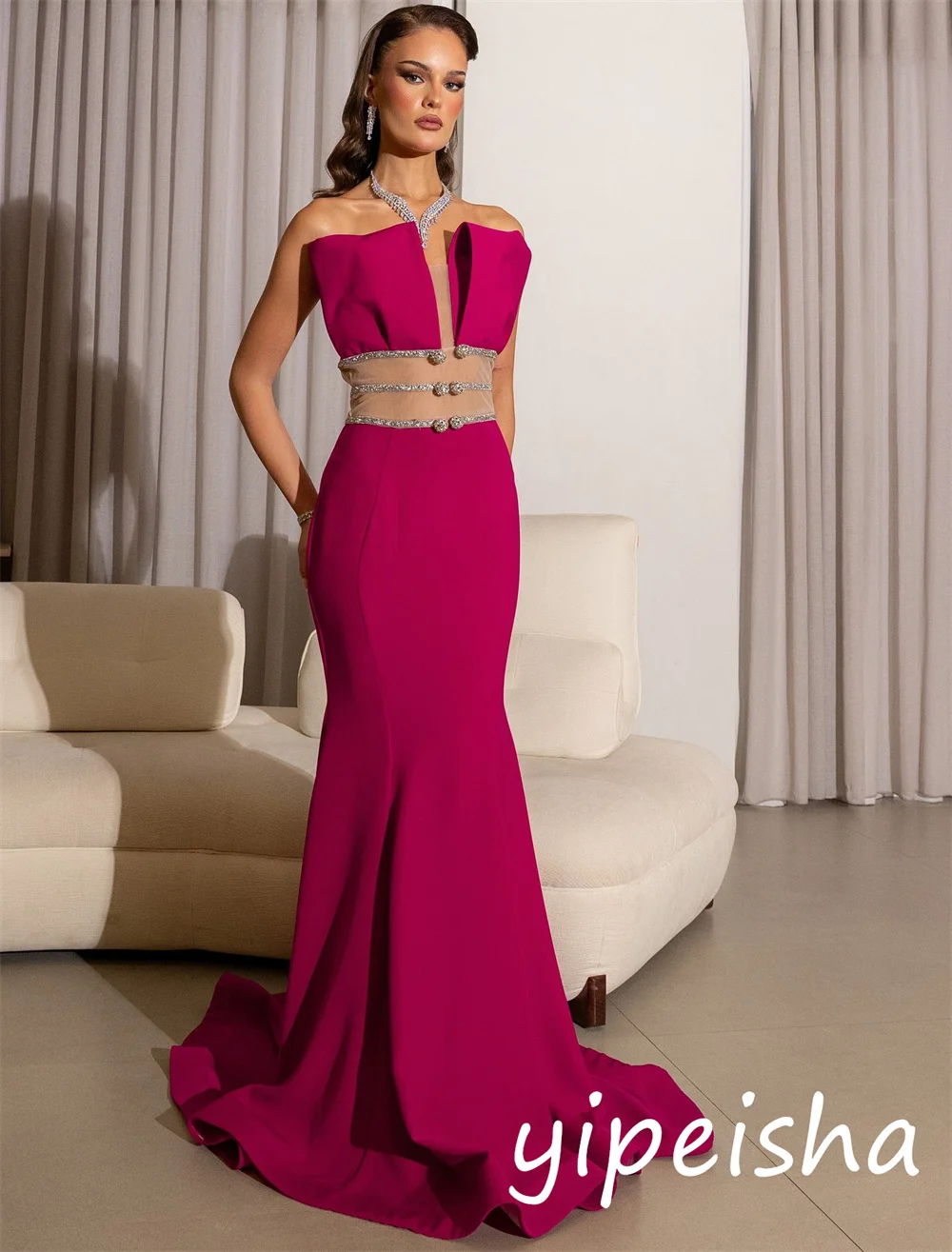 تخصيص كلاسيكي رائع جيرسي مطرزة الطية البوق حمالة فساتين طويلة مناسبة مخصصة بسيطة #2