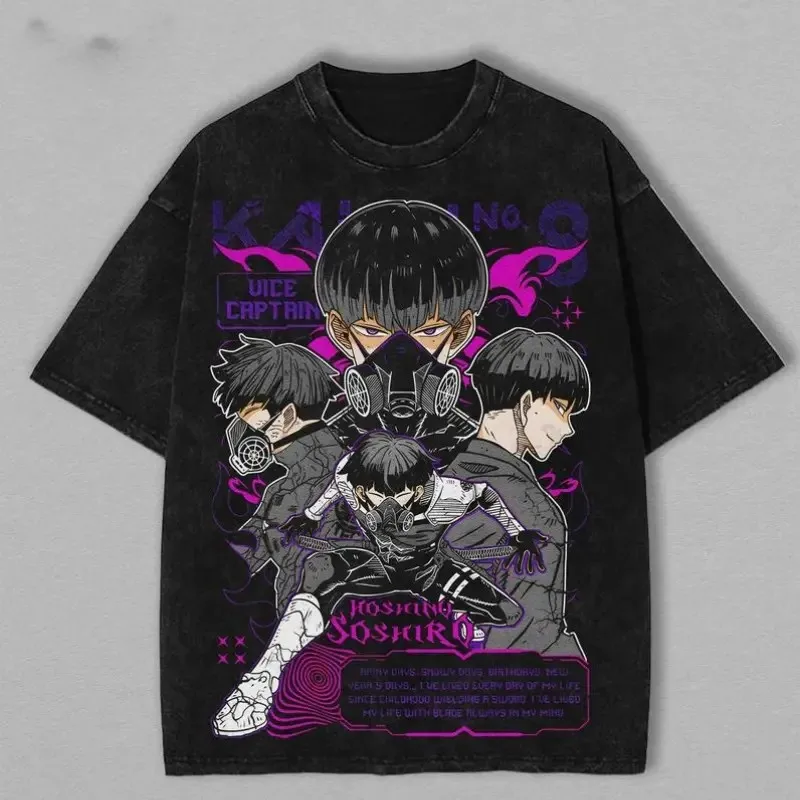 Camiseta Manga Kaiju NO.8 con Estampado de Anime, Estilo Gótico Y2K Vintage, Lavada, Oversize, de Verano, Manga Corta, de Algodón