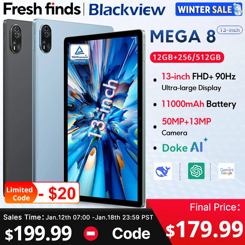 【Мировая премьера】Планшет Blackview MEGA 8 13-дюймовый дисплей FHD+ 90 Гц 11000 мАч AI Android 15 50 Мп камера 4 динамика BOX 4G планшет ПК