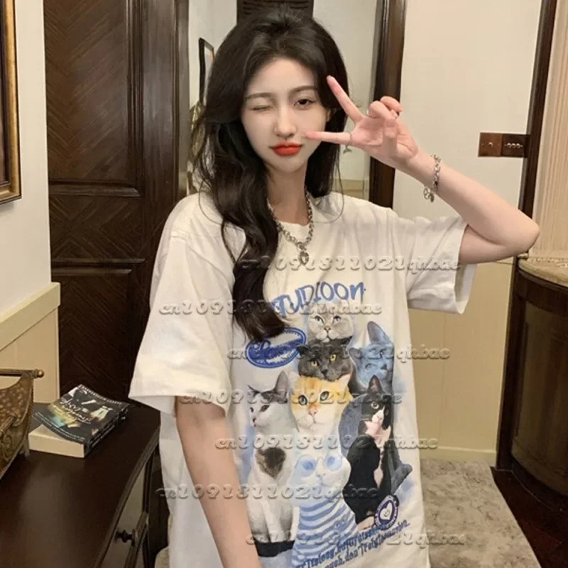 

Женская летняя футболка с короткими рукавами и 3D-принтом американского ретро-кота, свободный и дышащий быстросохнущий топ
